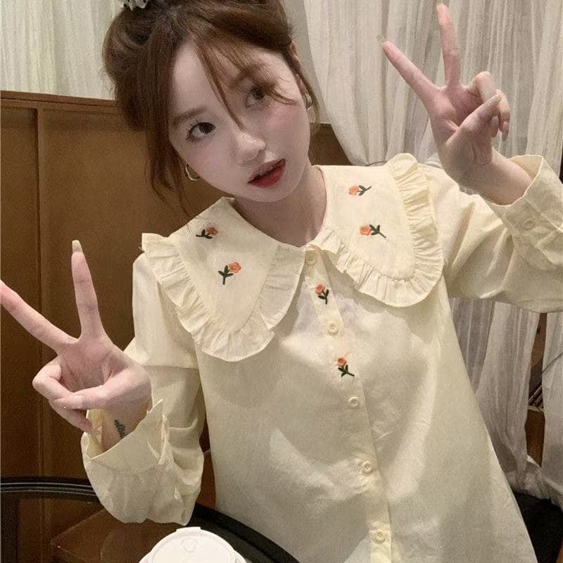 프랑스식 달콤함 자수 베이비 칼라 긴팔 셔츠 여성 의류 2026 봄 새로운 디자인 센스 작은 대중 Chic 맨위 이미지 3