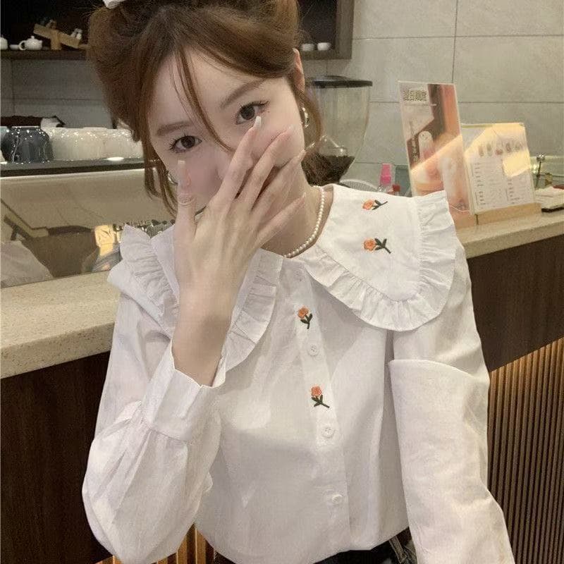 프랑스식 달콤함 자수 베이비 칼라 긴팔 셔츠 여성 의류 2026 봄 새로운 디자인 센스 작은 대중 Chic 맨위 상세 이미지 6