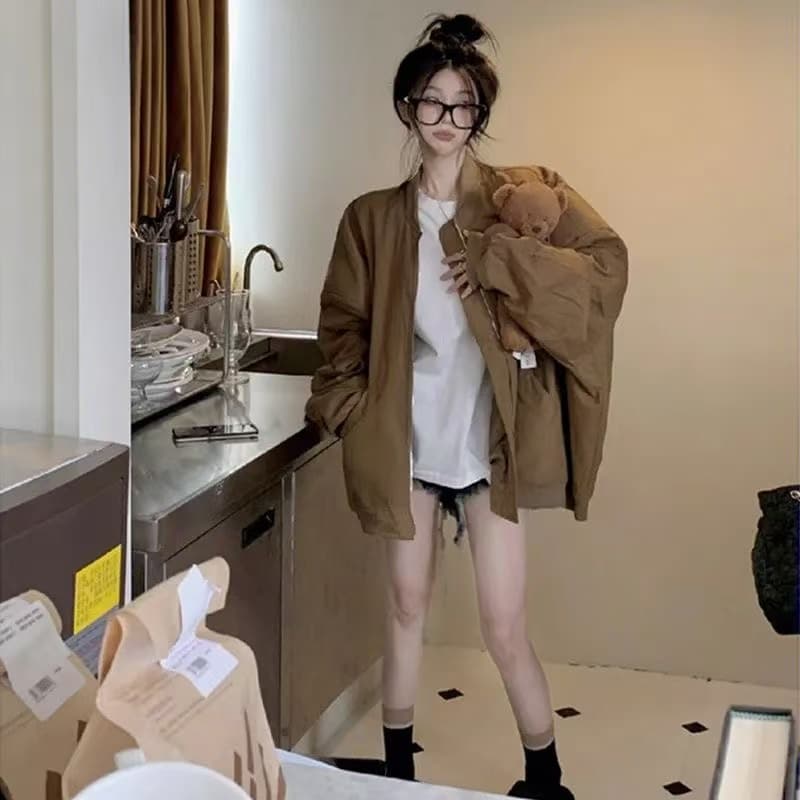 브라운 스탠드 칼라 야구 유니폼 여성 코트 가을 겨울 2026 새로운 아메리칸 레트로 루즈핏 파일럿 재킷 맨위 상세 이미지 4