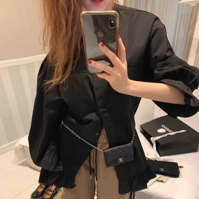 한국 chic 봄 작은 대중 디자인 센스 라운드 넥 패치워크 프릴 루즈핏 다용도 중간 길이 나팔 소매 셔츠 이미지 3