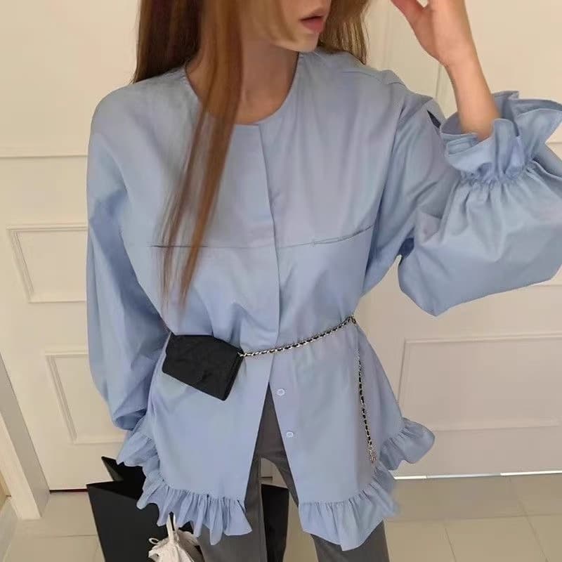 한국 chic 봄 작은 대중 디자인 센스 라운드 넥 패치워크 프릴 루즈핏 다용도 중간 길이 나팔 소매 셔츠 이미지 4