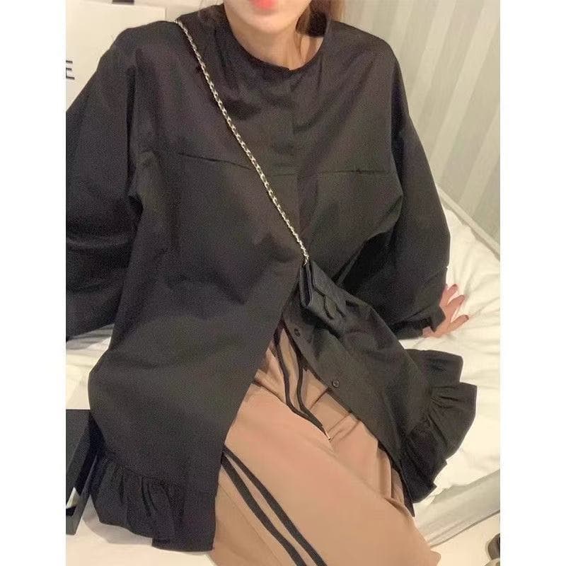 한국 chic 봄 작은 대중 디자인 센스 라운드 넥 패치워크 프릴 루즈핏 다용도 중간 길이 나팔 소매 셔츠 상세 이미지 6