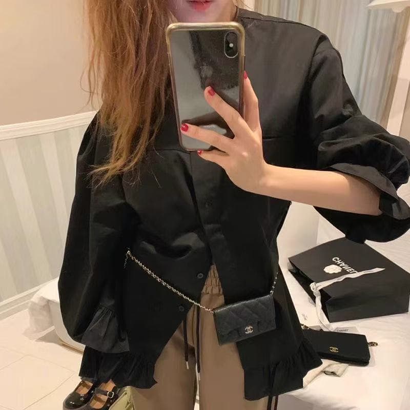 한국 chic 봄 작은 대중 디자인 센스 라운드 넥 패치워크 프릴 루즈핏 다용도 중간 길이 나팔 소매 셔츠 상세 이미지 8