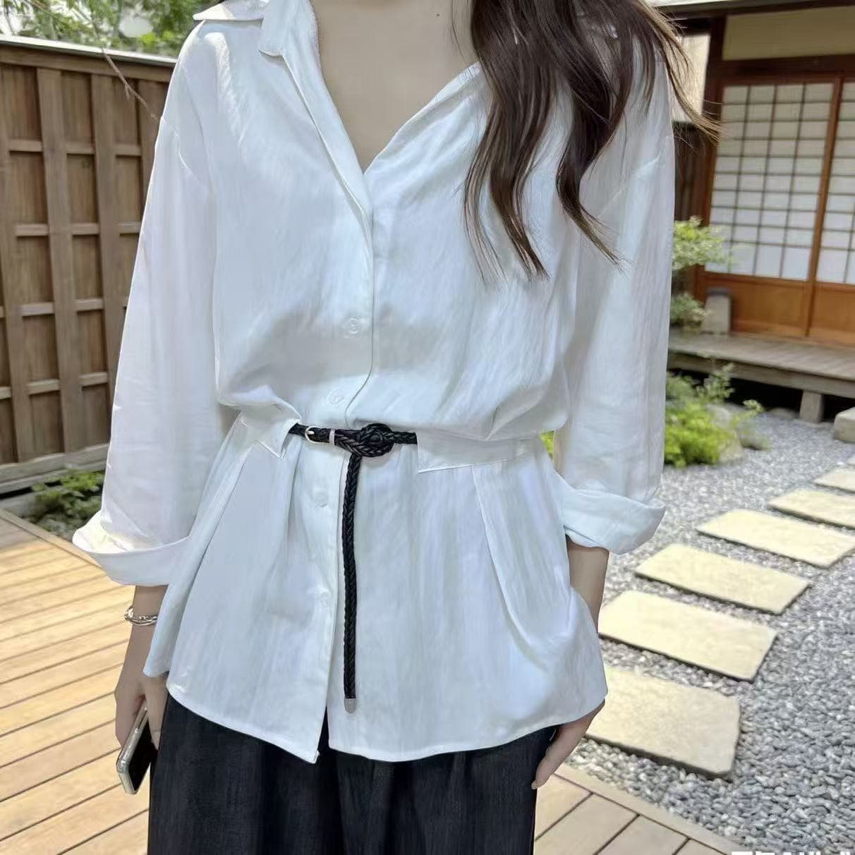 한국 chic 미니멀리즘 몸매 가꾸기 디스플레이 출퇴근 얇은 한 부서 부드러운 다용도 봄 가을 폴로 칼라 긴팔 자외선 차단 화이트 셔츠 상세 이미지 5