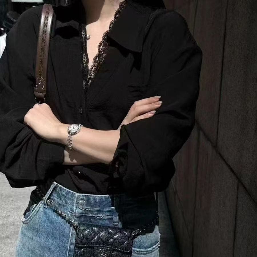 유럽 역 가을 느긋한 바람 레이스 측면 패치워크 여성 셔츠 2026 새로운 루즈핏 폴로 칼라 긴팔 셔츠 맨위 이미지 3