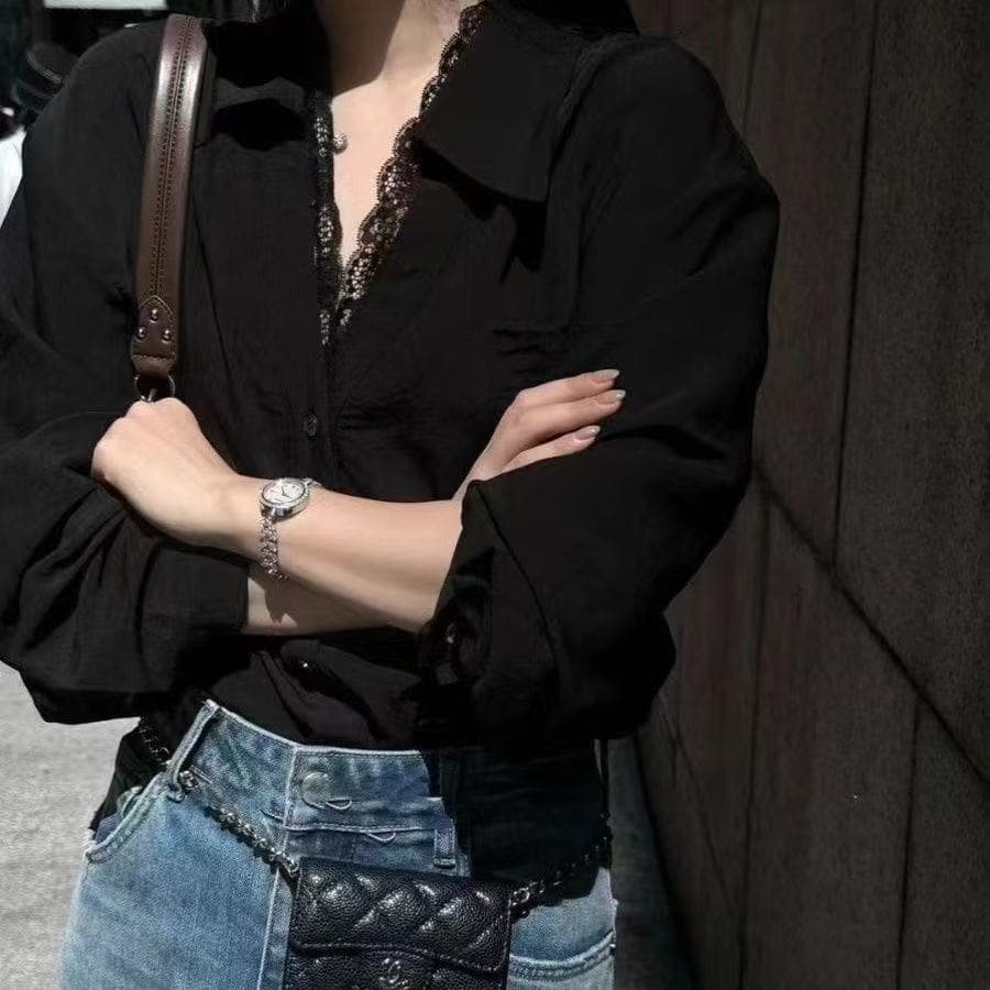 유럽 역 가을 느긋한 바람 레이스 측면 패치워크 여성 셔츠 2026 새로운 루즈핏 폴로 칼라 긴팔 셔츠 맨위 상세 이미지 8