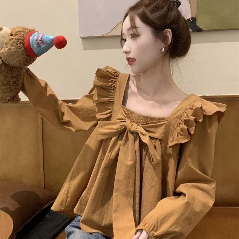 프랑스식 나비 매듭 광장 칼라 긴팔 여성 셔츠 봄 가을 디자인 센스 작은 대중 주름 백리스 루즈핏 프릴 맨위