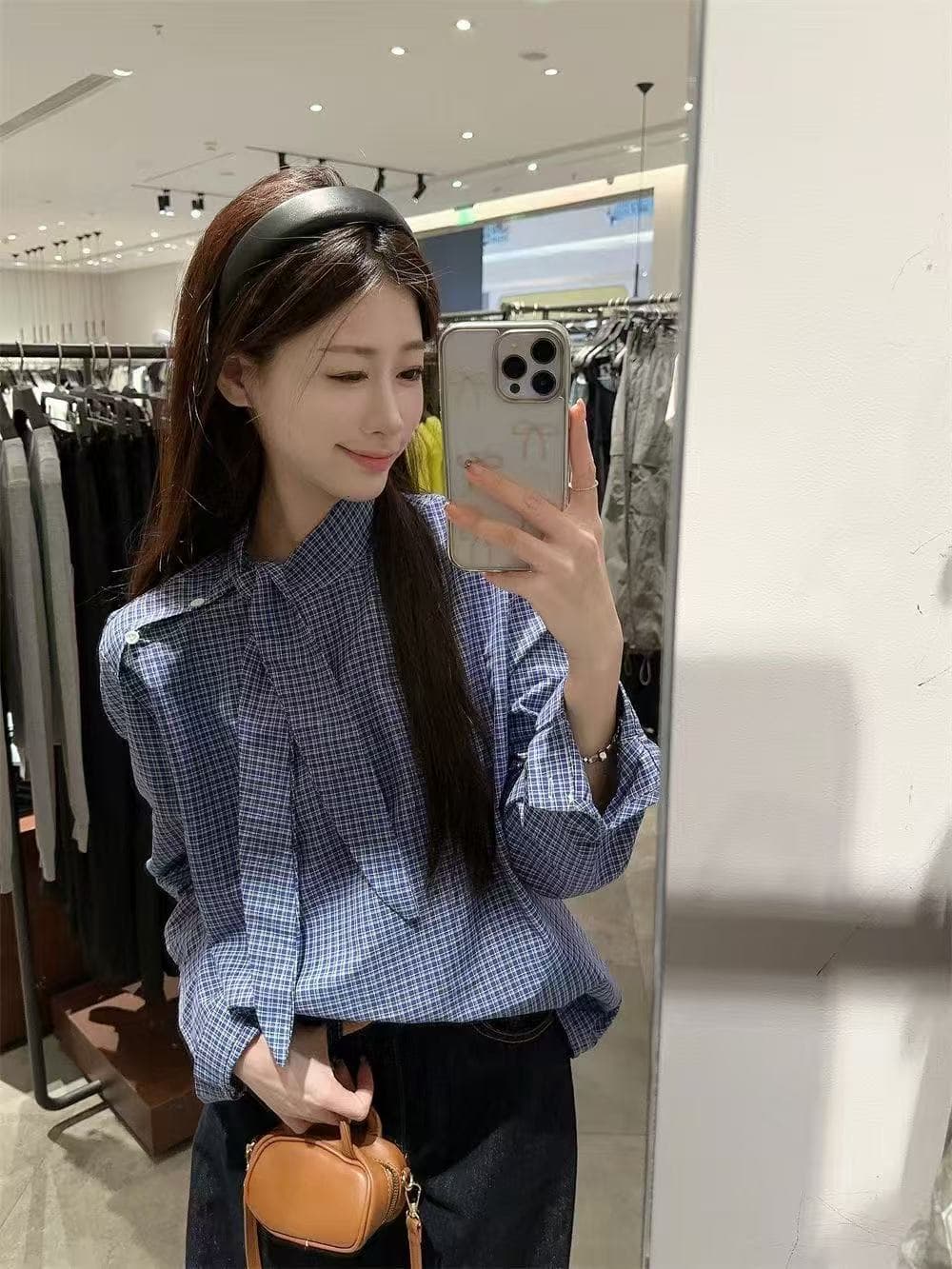 한국 chic Chic 달콤한 스타일 디자인 센스 작은 대중 나비 넥타이 레이스업 루즈핏 체크무늬 슬림해 보이는 긴팔 셔츠 여성 의류 상세 이미지 5