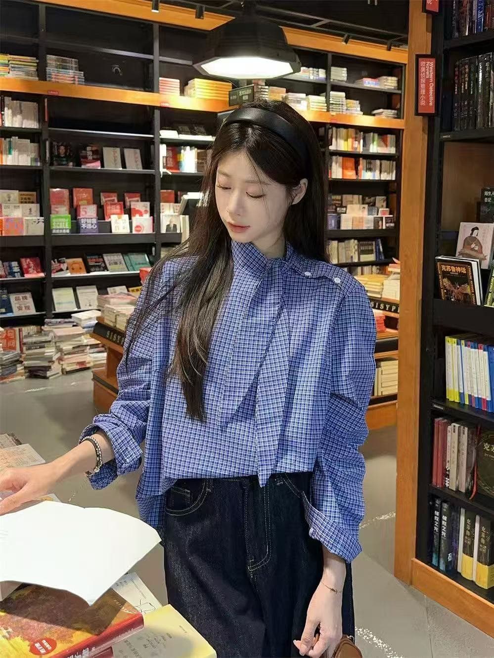 한국 chic Chic 달콤한 스타일 디자인 센스 작은 대중 나비 넥타이 레이스업 루즈핏 체크무늬 슬림해 보이는 긴팔 셔츠 여성 의류 상세 이미지 8