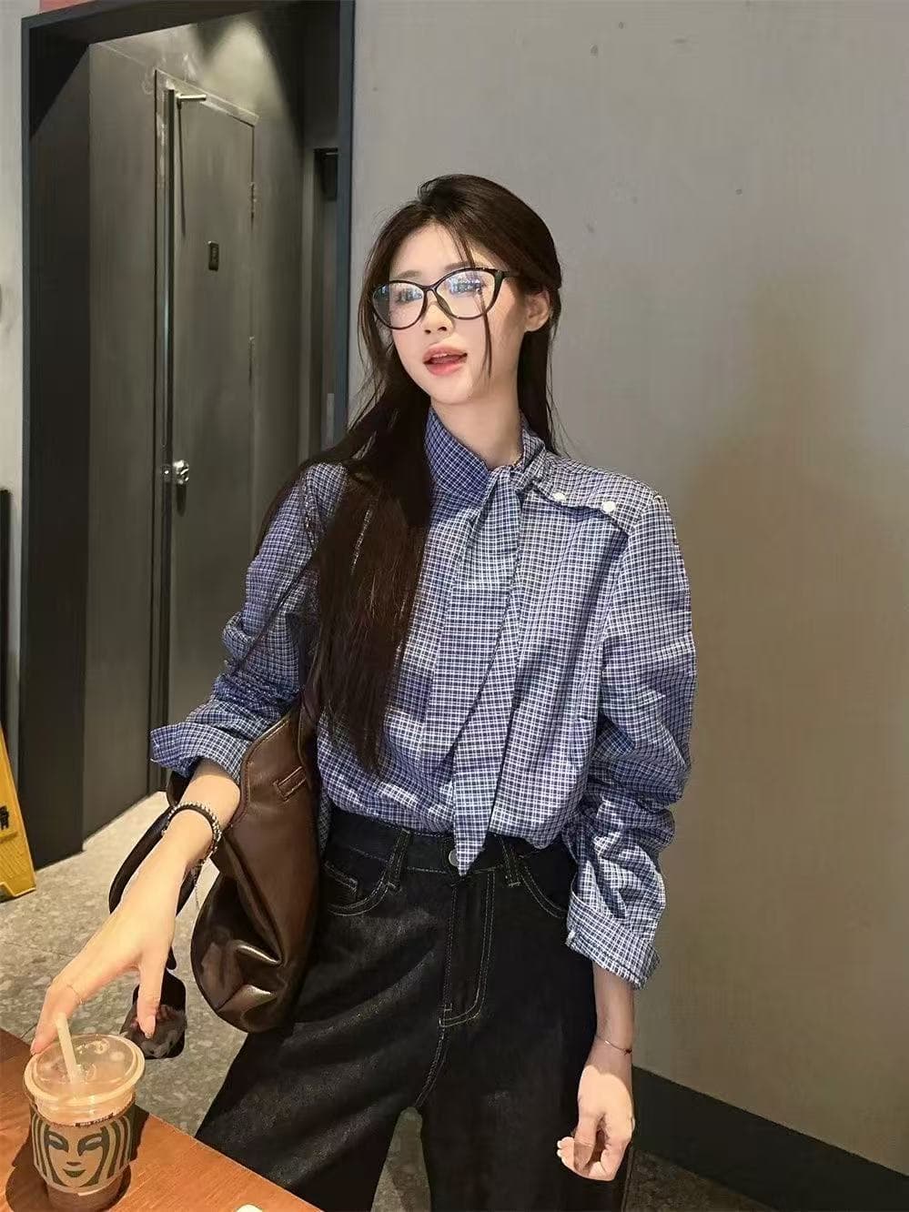 한국 chic Chic 달콤한 스타일 디자인 센스 작은 대중 나비 넥타이 레이스업 루즈핏 체크무늬 슬림해 보이는 긴팔 셔츠 여성 의류 상세 이미지 9