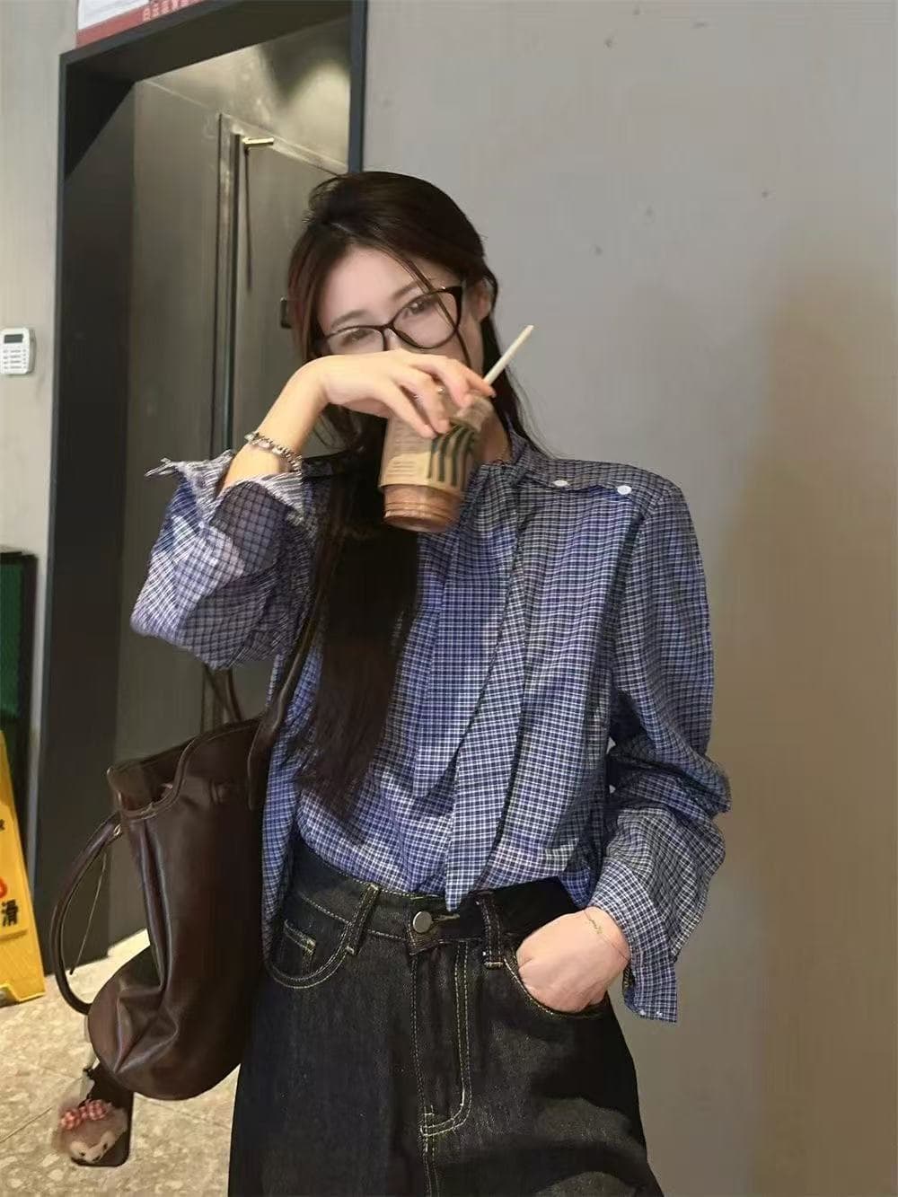 한국 chic Chic 달콤한 스타일 디자인 센스 작은 대중 나비 넥타이 레이스업 루즈핏 체크무늬 슬림해 보이는 긴팔 셔츠 여성 의류 상세 이미지 11