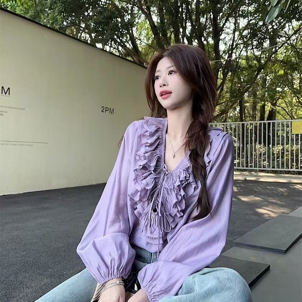 프랑스식 프릴 펌프 로프 V넥 여성 셔츠 2026 봄 새로운 외국 가스 작은 대중 고유 한 Chic 긴팔 셔츠 이미지 4