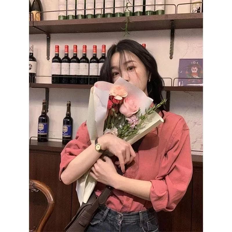 아메리칸 단색 항구 바람 긴팔 루즈핏 여성 셔츠 봄 가을 새로운 디자인 센스 품격 홍콩 느낌 셔츠 맨위 트렌디 이미지 2