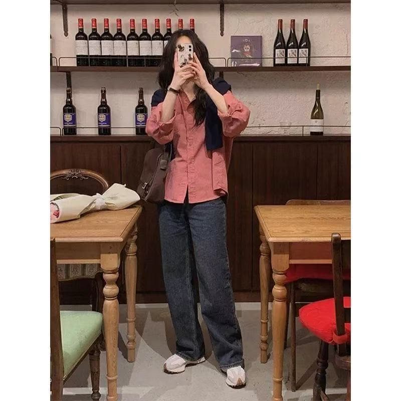 아메리칸 단색 항구 바람 긴팔 루즈핏 여성 셔츠 봄 가을 새로운 디자인 센스 품격 홍콩 느낌 셔츠 맨위 트렌디 상세 이미지 3
