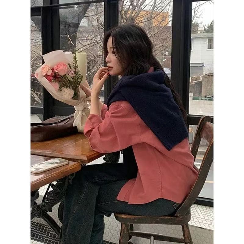아메리칸 단색 항구 바람 긴팔 루즈핏 여성 셔츠 봄 가을 새로운 디자인 센스 품격 홍콩 느낌 셔츠 맨위 트렌디 상세 이미지 4