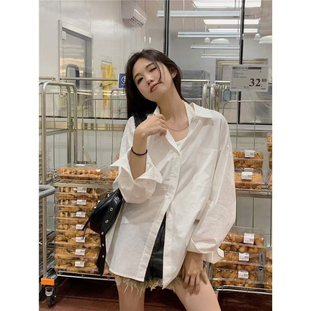 아메리칸 단색 항구 바람 긴팔 루즈핏 여성 셔츠 봄 가을 새로운 디자인 센스 품격 홍콩 느낌 셔츠 맨위 트렌디 상세 이미지 7