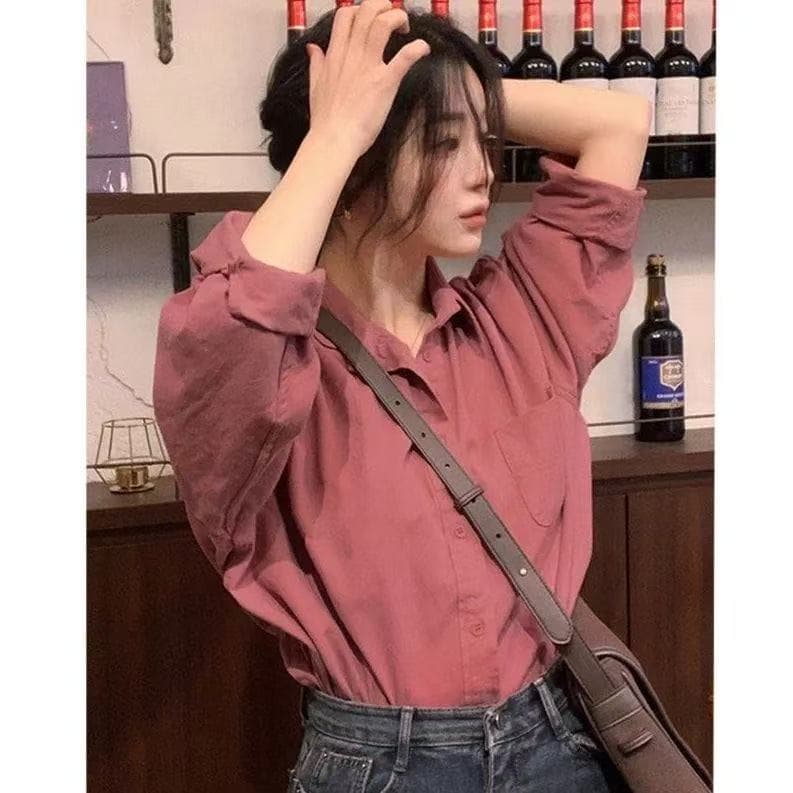 아메리칸 단색 항구 바람 긴팔 루즈핏 여성 셔츠 봄 가을 새로운 디자인 센스 품격 홍콩 느낌 셔츠 맨위 트렌디 상세 이미지 11