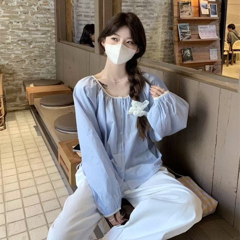 프랑스식 주름 라운드 넥 패치워크 배색 긴팔 셔츠 레트로 2026 새로운 다용도 맨위 품격 루즈핏 셔츠 이미지 2