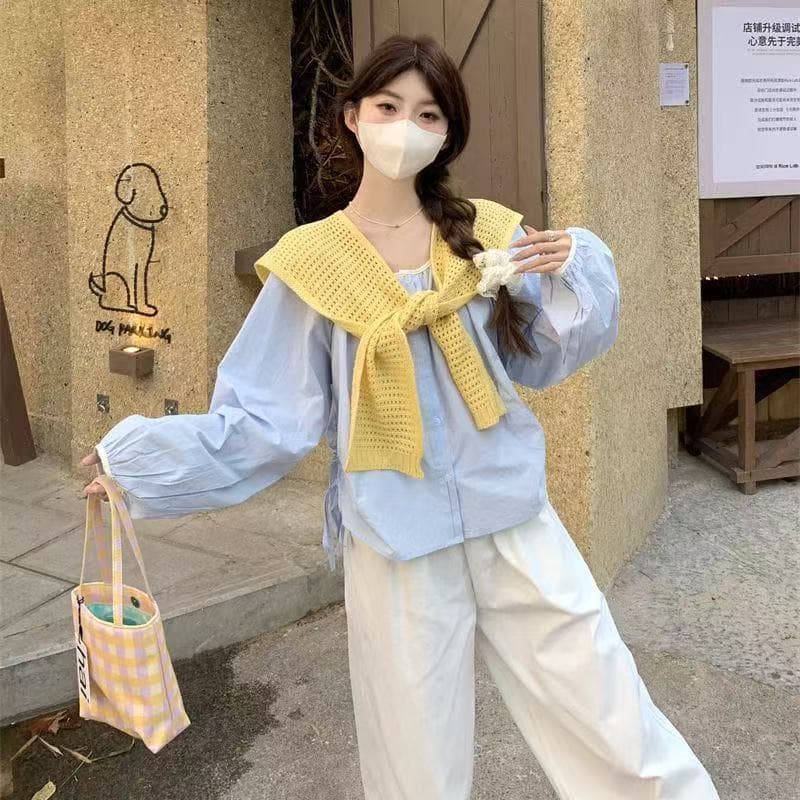 프랑스식 주름 라운드 넥 패치워크 배색 긴팔 셔츠 레트로 2026 새로운 다용도 맨위 품격 루즈핏 셔츠 상세 이미지 12