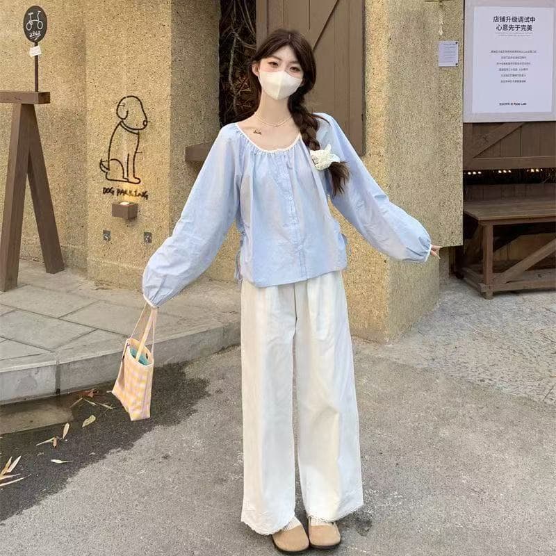 프랑스식 주름 라운드 넥 패치워크 배색 긴팔 셔츠 레트로 2026 새로운 다용도 맨위 품격 루즈핏 셔츠 상세 이미지 13