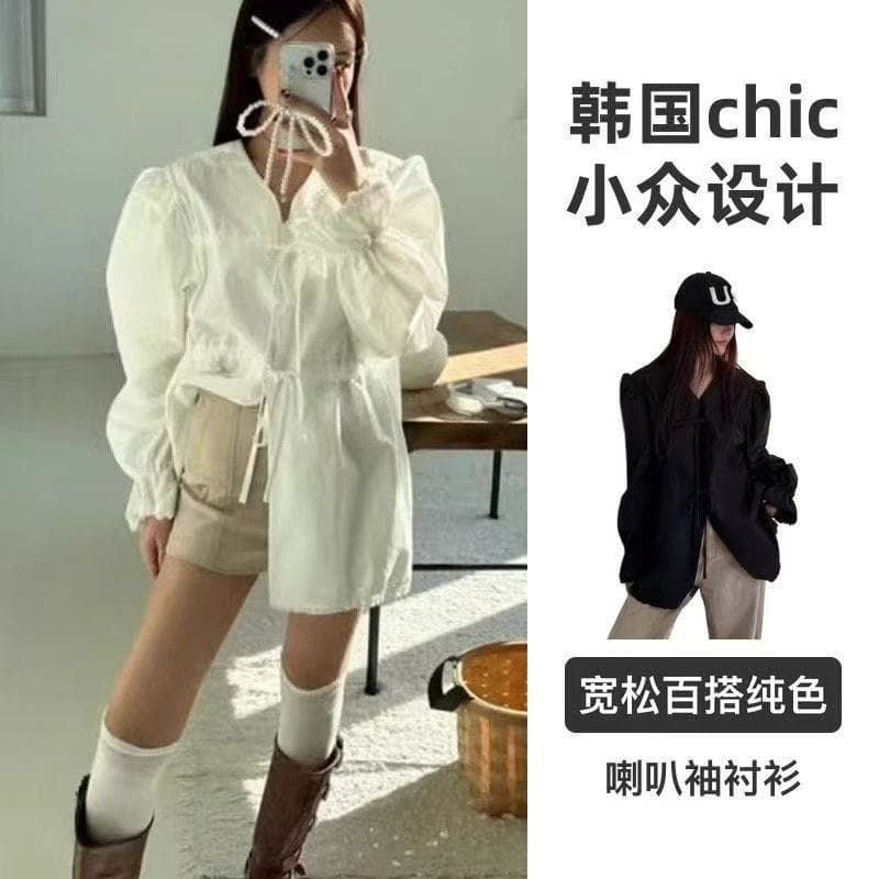 한국 chic 봄 새로운 작은 대중 디자인 패치워크 레이스 레이스업 여성 셔츠 루즈핏 다용도 단색 나팔 소매 상세 이미지 4
