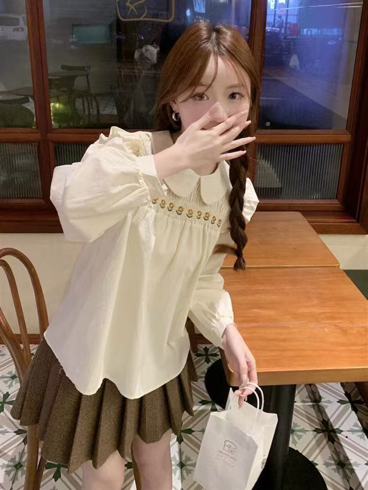 한국 스타일 일본식 달콤함 연령 감소 자수 긴팔 인형 여성 셔츠 봄 가을 새로운 루즈핏 외국 가스 연령 감소 표지 배 상세 이미지 3