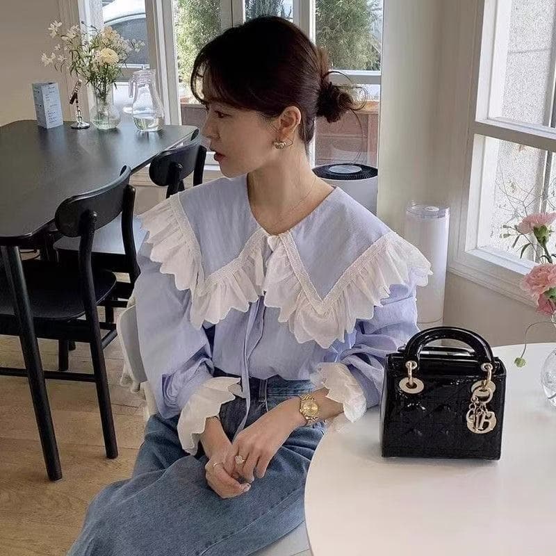 한국 chic 이른 가을 달콤함 연령 감소 레이스 해군 칼라 루즈핏 다용도 레이스업 긴팔 스트라이프 셔츠 맨위 여성 이미지 5