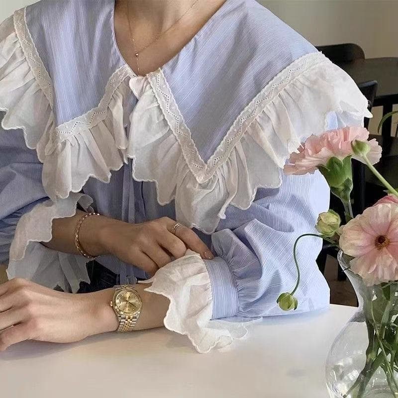 한국 chic 이른 가을 달콤함 연령 감소 레이스 해군 칼라 루즈핏 다용도 레이스업 긴팔 스트라이프 셔츠 맨위 여성 이미지 3