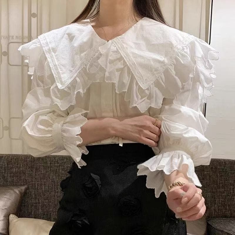 한국 chic 이른 가을 달콤함 연령 감소 레이스 해군 칼라 루즈핏 다용도 레이스업 긴팔 스트라이프 셔츠 맨위 여성 상세 이미지 2