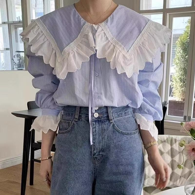 한국 chic 이른 가을 달콤함 연령 감소 레이스 해군 칼라 루즈핏 다용도 레이스업 긴팔 스트라이프 셔츠 맨위 여성 상세 이미지 4