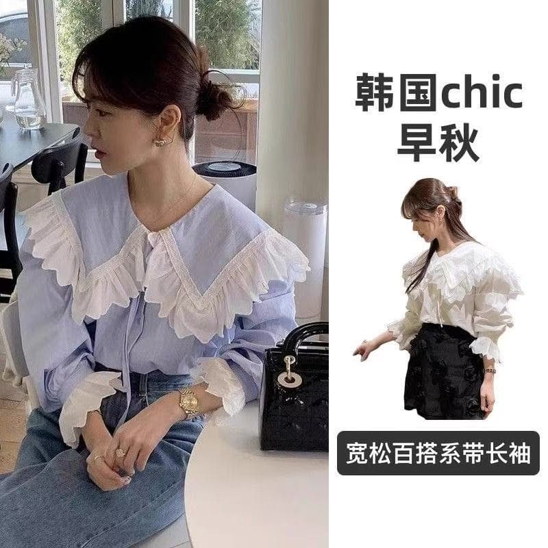 한국 chic 이른 가을 달콤함 연령 감소 레이스 해군 칼라 루즈핏 다용도 레이스업 긴팔 스트라이프 셔츠 맨위 여성 상세 이미지 9