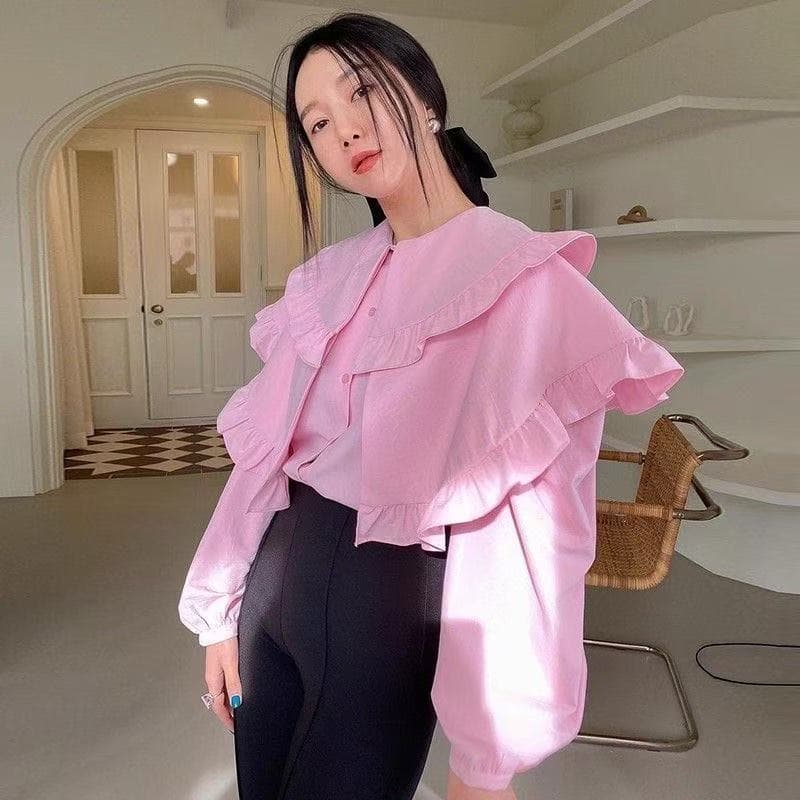 한국 chic 가을 달콤함 연령 감소 프릴 다중 레이어 빅 칼라 디자인 루즈핏 다용도 거품 소매 여성 셔츠 이미지 4