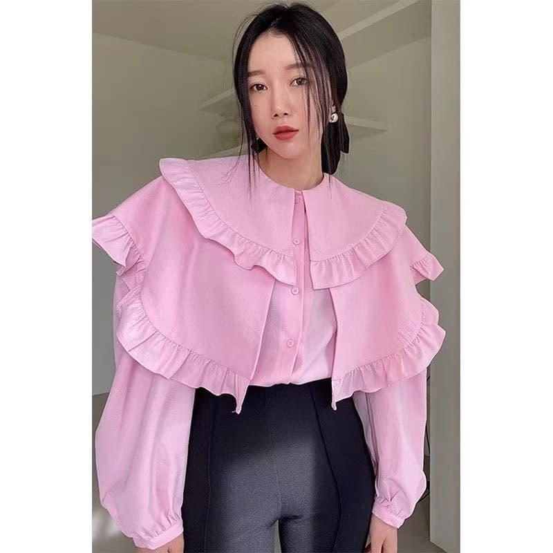 한국 chic 가을 달콤함 연령 감소 프릴 다중 레이어 빅 칼라 디자인 루즈핏 다용도 거품 소매 여성 셔츠 상세 이미지 3