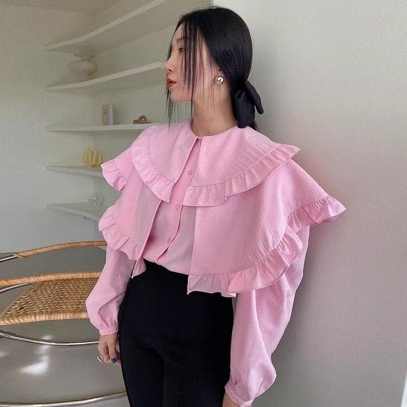 한국 chic 가을 달콤함 연령 감소 프릴 다중 레이어 빅 칼라 디자인 루즈핏 다용도 거품 소매 여성 셔츠 상세 이미지 6