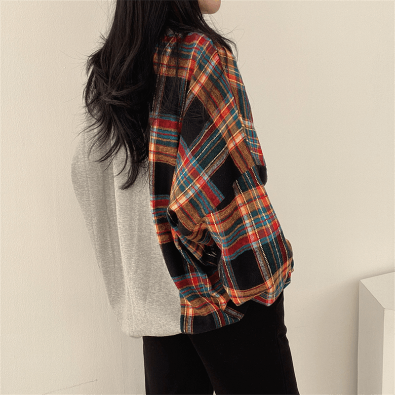 한국 chic 가을 연령 감소 레트로 작은 대중 디자인 센스 품격 라운드 넥 체크무늬 패치워크 루즈핏 긴팔 티셔츠 여성 이미지 4