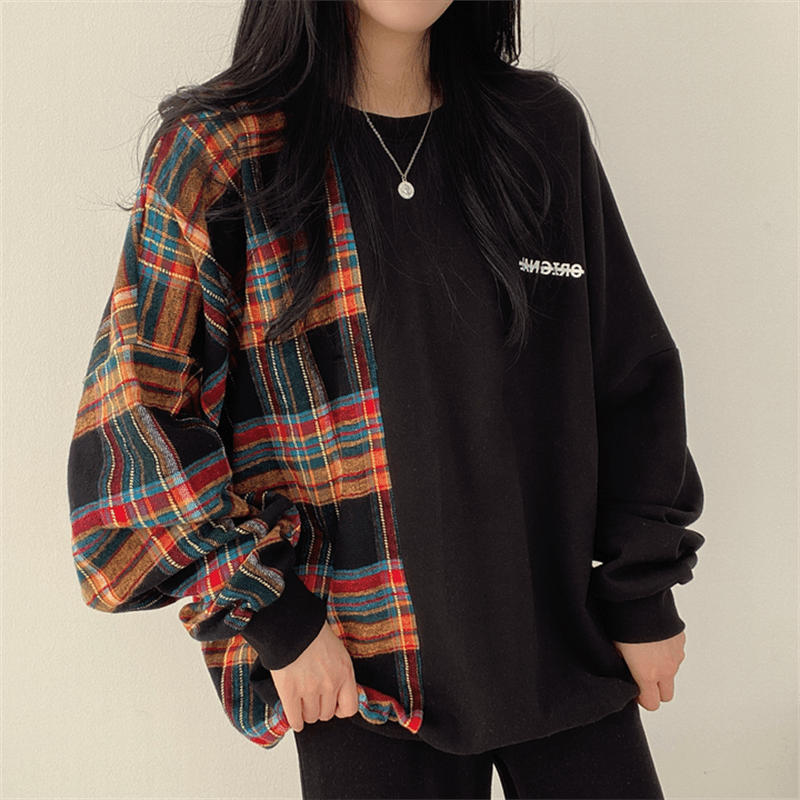 한국 chic 가을 연령 감소 레트로 작은 대중 디자인 센스 품격 라운드 넥 체크무늬 패치워크 루즈핏 긴팔 티셔츠 여성 이미지 3