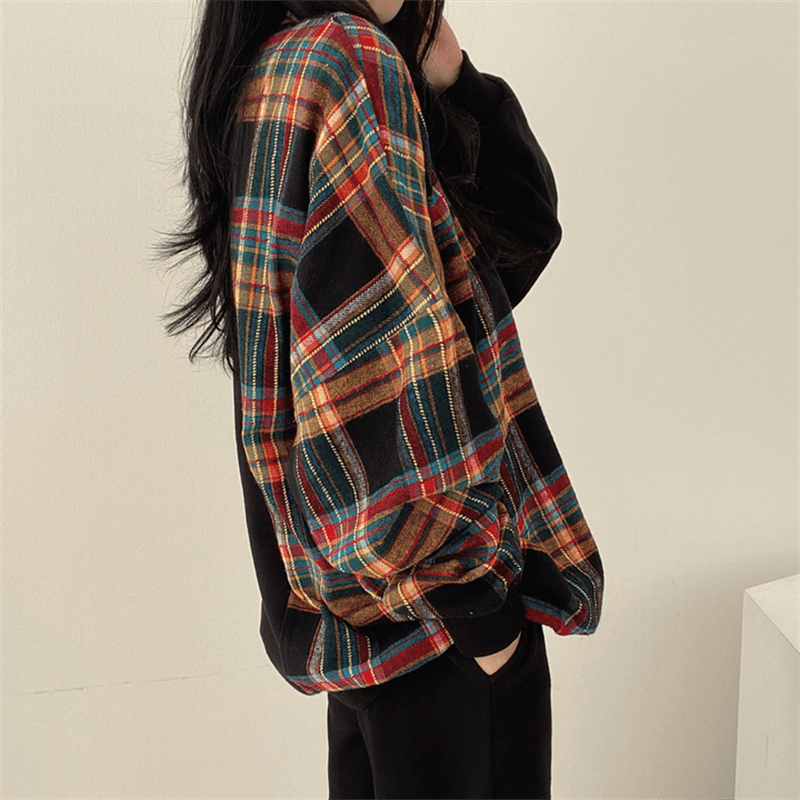 한국 chic 가을 연령 감소 레트로 작은 대중 디자인 센스 품격 라운드 넥 체크무늬 패치워크 루즈핏 긴팔 티셔츠 여성 상세 이미지 5
