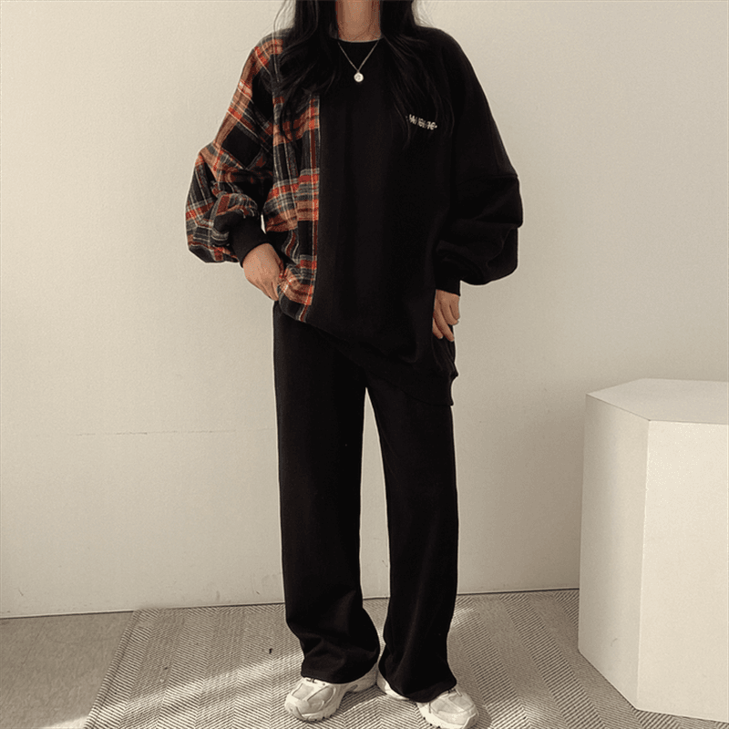 한국 chic 가을 연령 감소 레트로 작은 대중 디자인 센스 품격 라운드 넥 체크무늬 패치워크 루즈핏 긴팔 티셔츠 여성 상세 이미지 8