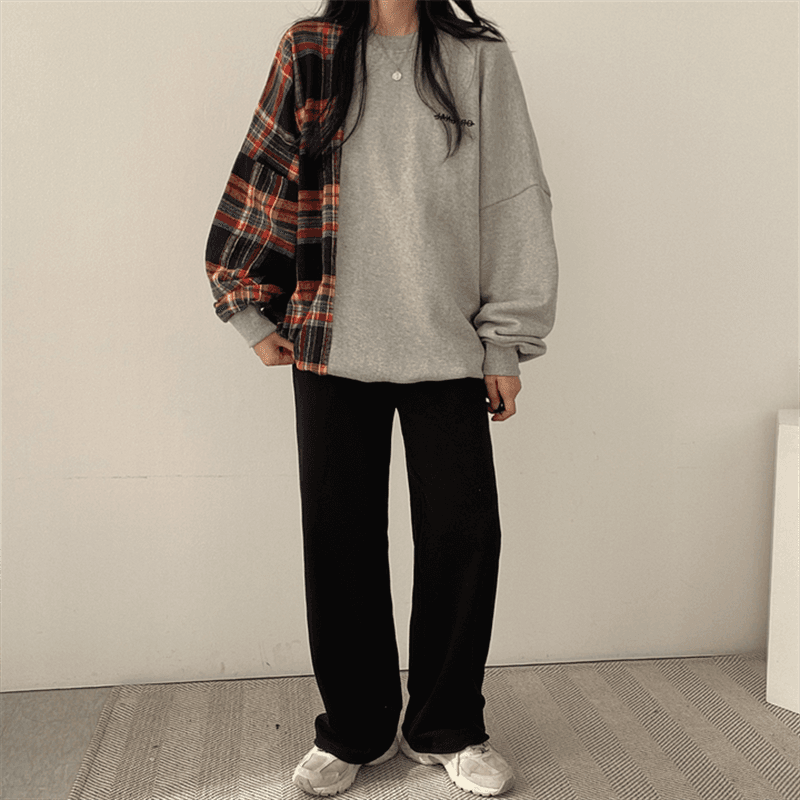 한국 chic 가을 연령 감소 레트로 작은 대중 디자인 센스 품격 라운드 넥 체크무늬 패치워크 루즈핏 긴팔 티셔츠 여성 상세 이미지 14