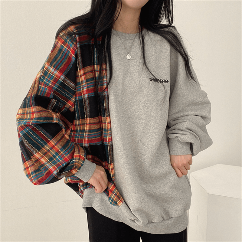 한국 chic 가을 연령 감소 레트로 작은 대중 디자인 센스 품격 라운드 넥 체크무늬 패치워크 루즈핏 긴팔 티셔츠 여성 상세 이미지 15