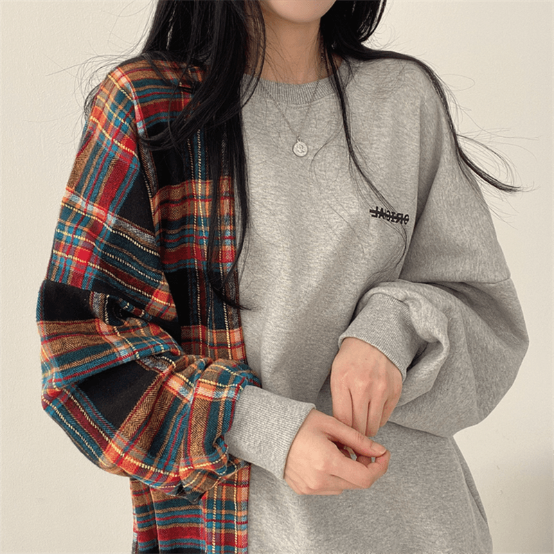 한국 chic 가을 연령 감소 레트로 작은 대중 디자인 센스 품격 라운드 넥 체크무늬 패치워크 루즈핏 긴팔 티셔츠 여성 상세 이미지 16