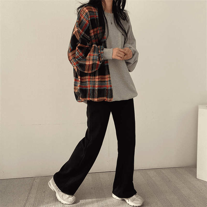 한국 chic 가을 연령 감소 레트로 작은 대중 디자인 센스 품격 라운드 넥 체크무늬 패치워크 루즈핏 긴팔 티셔츠 여성 상세 이미지 20