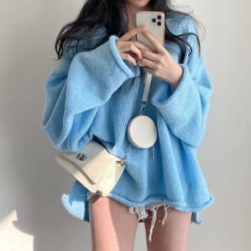 한국 chic 가을 새로운 레트로 루즈핏 느긋한 바람 V넥 볼륨 측면 트임 패션 풀오버 연령 감소 스웨터 여자 상세 이미지 2