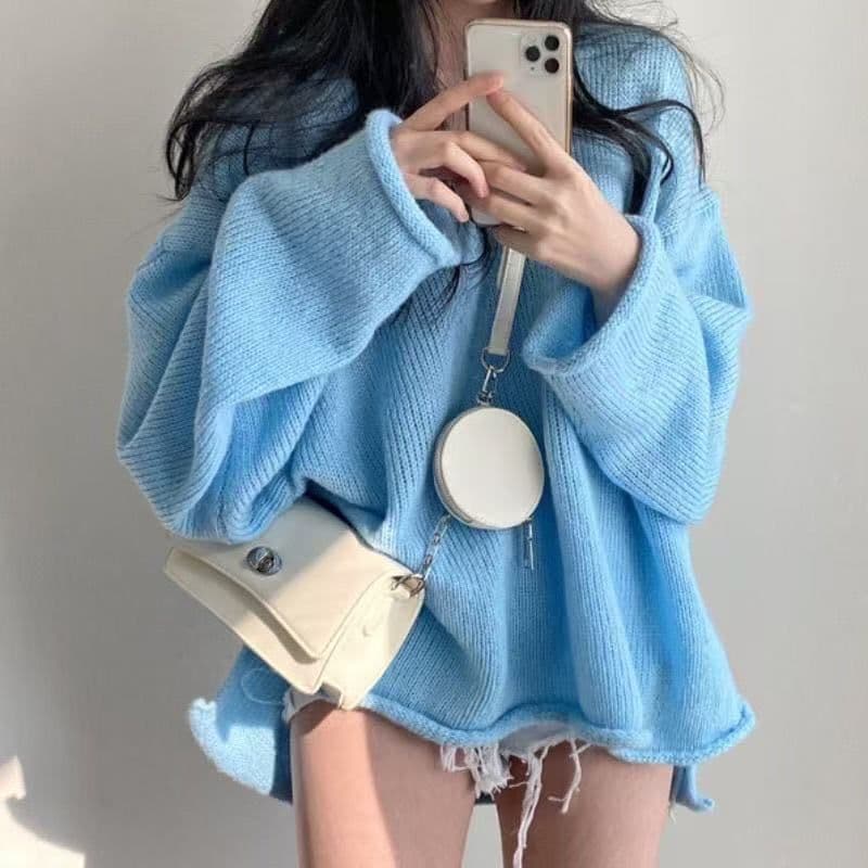 한국 chic 가을 새로운 레트로 루즈핏 느긋한 바람 V넥 볼륨 측면 트임 패션 풀오버 연령 감소 스웨터 여자 상세 이미지 6
