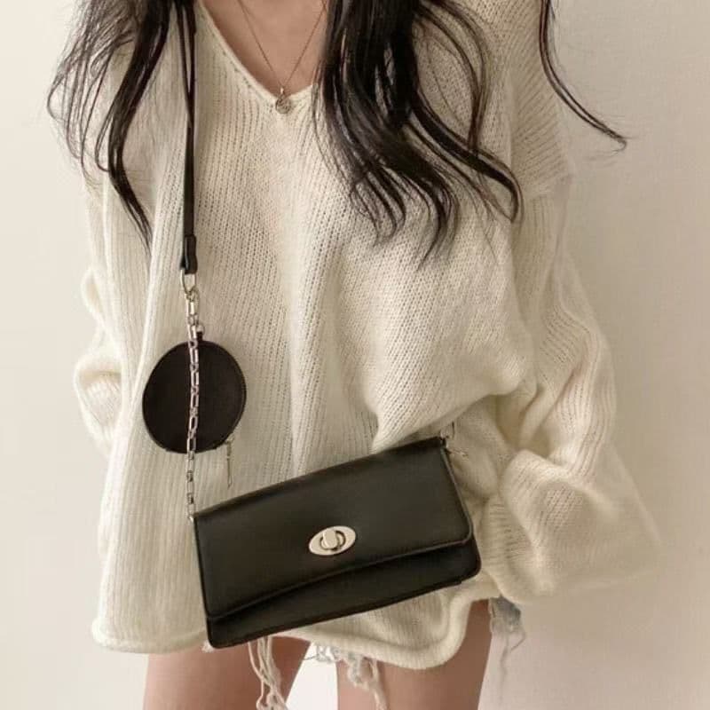 한국 chic 가을 새로운 레트로 루즈핏 느긋한 바람 V넥 볼륨 측면 트임 패션 풀오버 연령 감소 스웨터 여자 상세 이미지 7