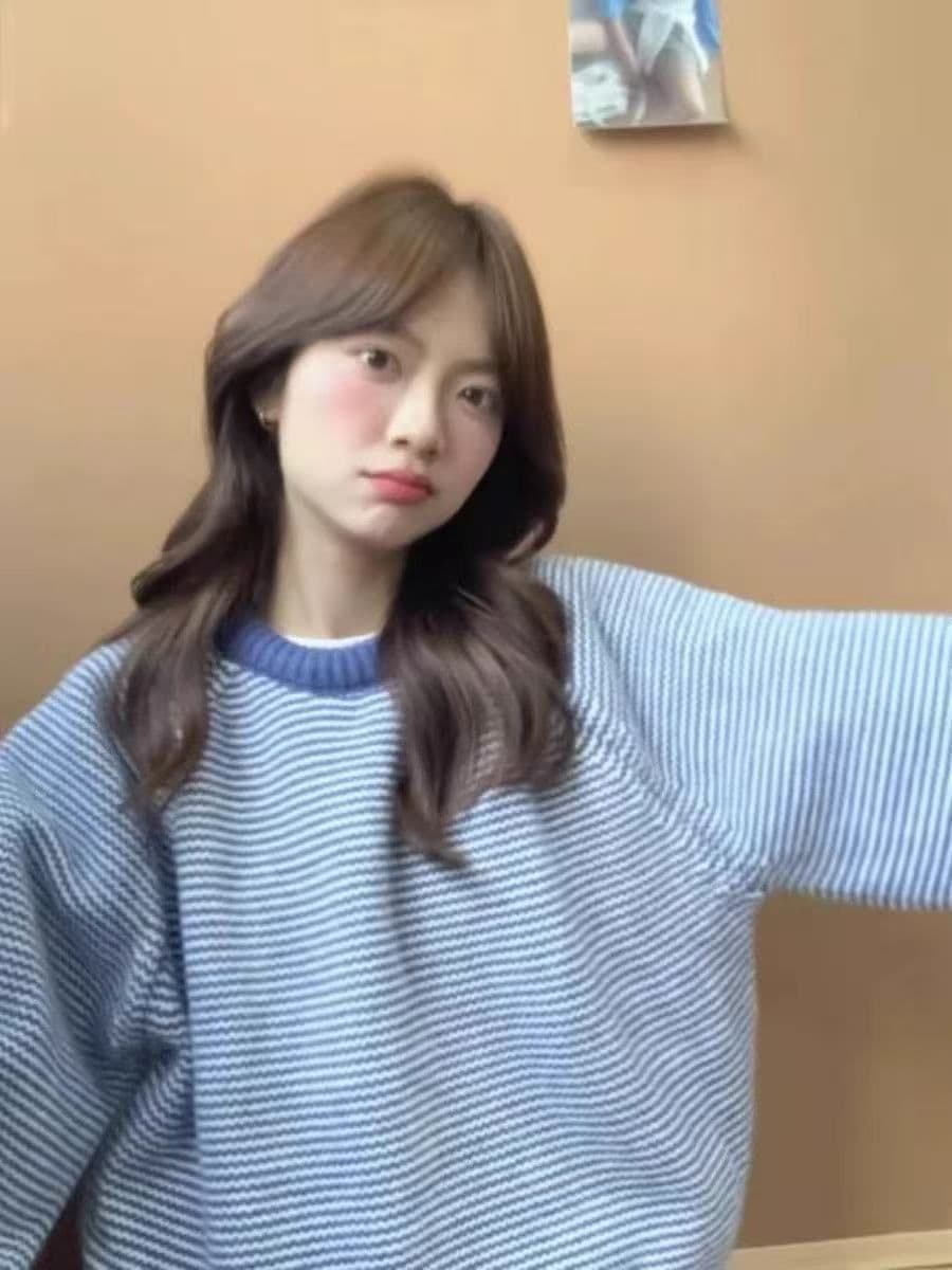 한 부서 레트로 배색 스트라이프 파란색 스웨터 여자 가을 겨울철 새로운 루즈핏 느긋한 2026 새로운 니트 맨위 상세 이미지 2