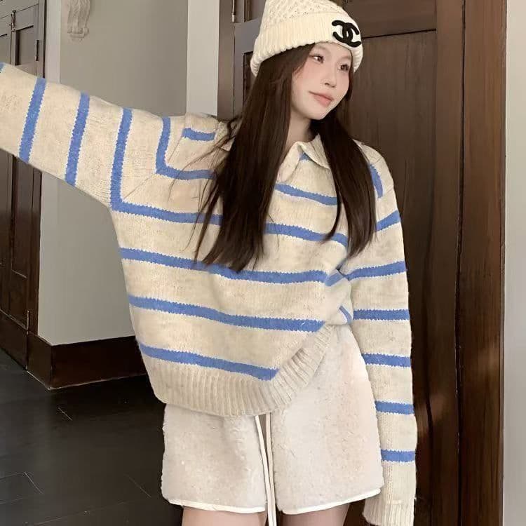 한 부서 배색 스트라이프 POLO 칼라 스웨터 여자 가을 겨울 2026 새로운 작은 키 인사이드 가져 가라. 풀오버 만나는 니트 스웨터