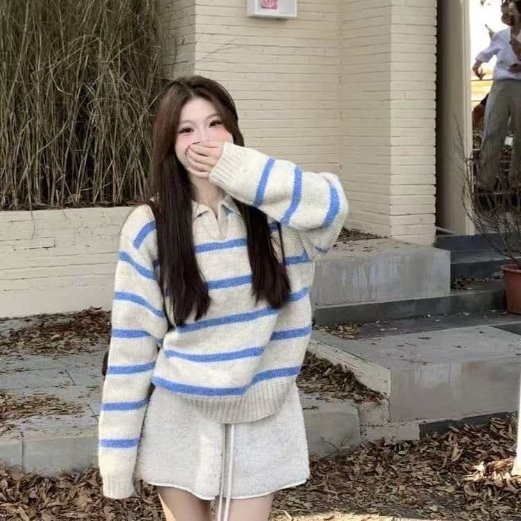 한 부서 배색 스트라이프 POLO 칼라 스웨터 여자 가을 겨울 2026 새로운 작은 키 인사이드 가져 가라. 풀오버 만나는 니트 스웨터 이미지 3