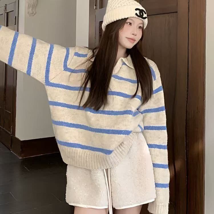 한 부서 배색 스트라이프 POLO 칼라 스웨터 여자 가을 겨울 2026 새로운 작은 키 인사이드 가져 가라. 풀오버 만나는 니트 스웨터 상세 이미지 9