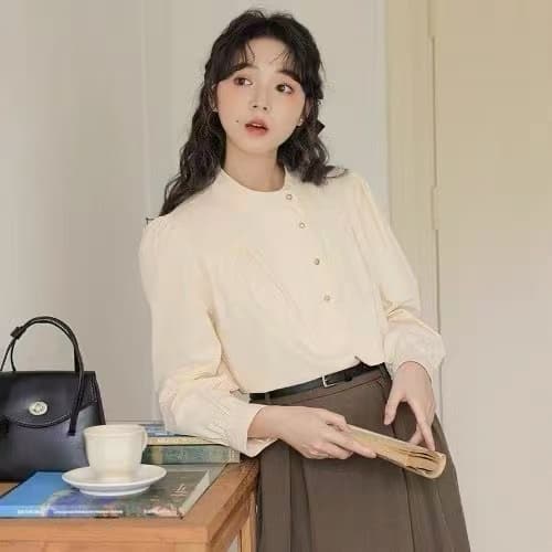 스탠드 칼라 셔츠 2026 봄 셔츠 새로운 표지 고기 슬림해 보이는 디자인 루즈핏 레트로 프랑스식 캐주얼 긴팔 맨위 이미지 2